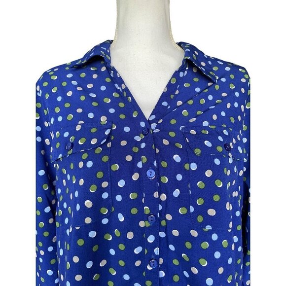 Kim Rogers Curvy Womens 1X Button Down Shirt Blue Polka Dot Print - Picture 4 of 12